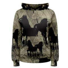 Wonderful Black Horses, With Floral Elements, Silhouette Women s Pullover Hoodie