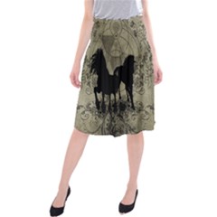 Wonderful Black Horses, With Floral Elements, Silhouette Midi Beach Skirt by FantasyWorld7