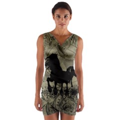 Wonderful Black Horses, With Floral Elements, Silhouette Wrap Front Bodycon Dress by FantasyWorld7