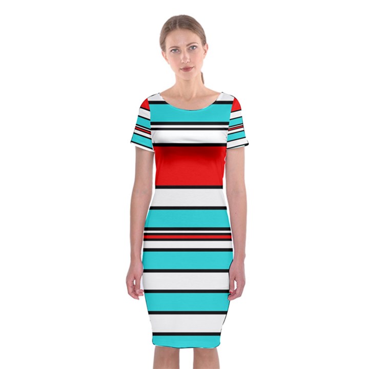 Blue, red, and white lines Classic Short Sleeve Midi Dress