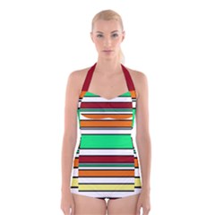 Green, Orange And Yellow Lines Boyleg Halter Swimsuit  by Valentinaart