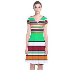 Green, Orange And Yellow Lines Short Sleeve Front Wrap Dress by Valentinaart