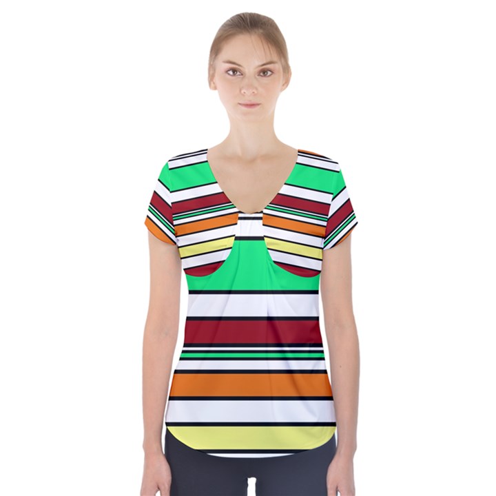 Green, orange and yellow lines Short Sleeve Front Detail Top