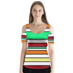 Green, Orange And Yellow Lines Butterfly Sleeve Cutout Tee 