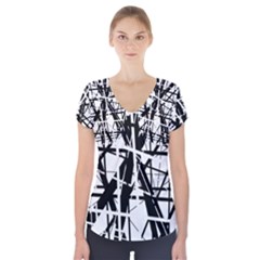 Black And White Abstract Design Short Sleeve Front Detail Top by Valentinaart