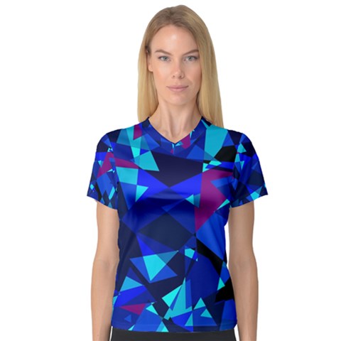 Blue Broken Glass Women s V-neck Sport Mesh Tee by Valentinaart