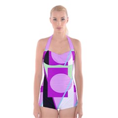 Purple Geometric Design Boyleg Halter Swimsuit  by Valentinaart