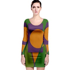 Green And Orange Geometric Design Long Sleeve Bodycon Dress by Valentinaart