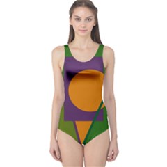 Green And Orange Geometric Design One Piece Swimsuit by Valentinaart