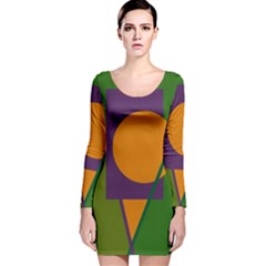 Green And Orange Geometric Design Long Sleeve Velvet Bodycon Dress by Valentinaart