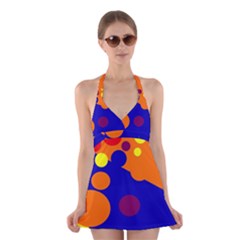 Blue And Orange Dots Halter Swimsuit Dress