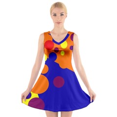 Blue And Orange Dots V-neck Sleeveless Skater Dress