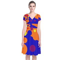 Blue And Orange Dots Short Sleeve Front Wrap Dress