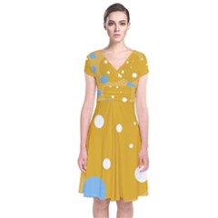 Blue And Yellow Moon Short Sleeve Front Wrap Dress by Valentinaart