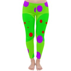 Green And Purple Dots Winter Leggings  by Valentinaart