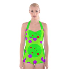 Green and purple dots Boyleg Halter Swimsuit 