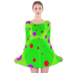 Green and purple dots Long Sleeve Velvet Skater Dress