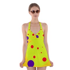 Yellow And Purple Dots Halter Swimsuit Dress by Valentinaart