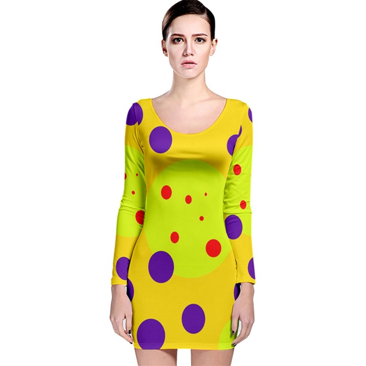 Yellow and purple dots Long Sleeve Velvet Bodycon Dress