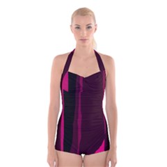 Pink And Black Lines Boyleg Halter Swimsuit 