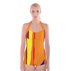 Hot Colorful Lines Boyleg Halter Swimsuit 