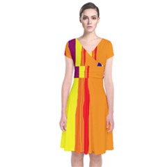 Hot Colorful Lines Short Sleeve Front Wrap Dress