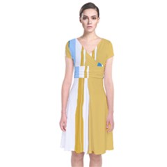 Blue and yellow lines Short Sleeve Front Wrap Dress