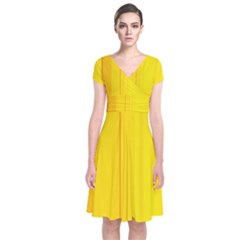 Yellow Lines Short Sleeve Front Wrap Dress