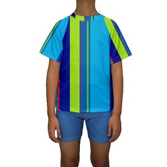 Blue And Green Lines Kid s Short Sleeve Swimwear