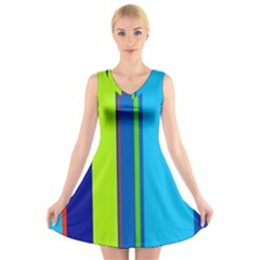 Blue And Green Lines V-neck Sleeveless Skater Dress