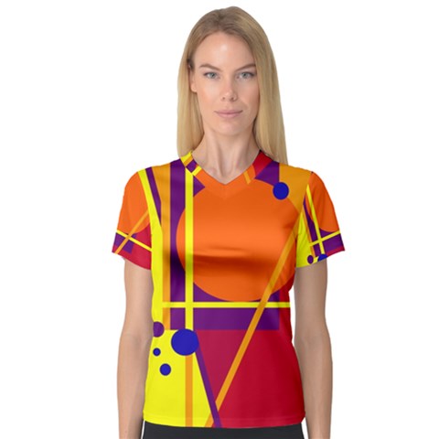 Orange Abstract Design Women s V-neck Sport Mesh Tee by Valentinaart