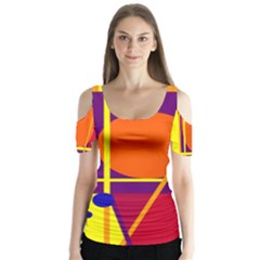 Orange Abstract Design Butterfly Sleeve Cutout Tee 