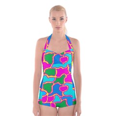 Colorful Abstract Design Boyleg Halter Swimsuit 