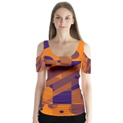 Orange And Blue Abstract Design Butterfly Sleeve Cutout Tee 