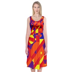 Blue And Orange Abstract Design Midi Sleeveless Dress