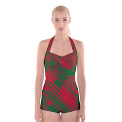 Red And Green Abstract Design Boyleg Halter Swimsuit  by Valentinaart