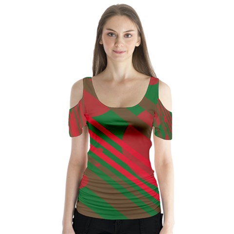 Red And Green Abstract Design Butterfly Sleeve Cutout Tee  by Valentinaart