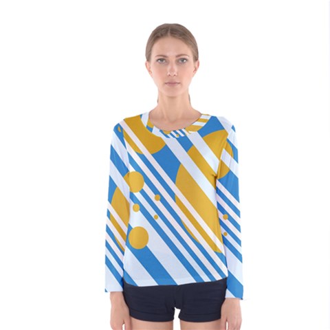 Blue, Yellow And White Lines And Circles Women s Long Sleeve Tee by Valentinaart