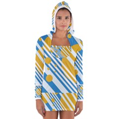 Blue, Yellow And White Lines And Circles Women s Long Sleeve Hooded T-shirt