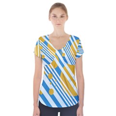 Blue, Yellow And White Lines And Circles Short Sleeve Front Detail Top