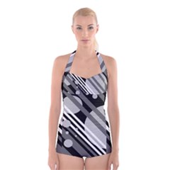 Gray Lines And Circles Boyleg Halter Swimsuit 