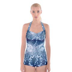 Music, Decorative Clef With Floral Elements In Blue Colors Boyleg Halter Swimsuit 