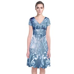 Music, Decorative Clef With Floral Elements In Blue Colors Short Sleeve Front Wrap Dress