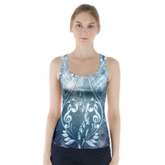 Music, Decorative Clef With Floral Elements In Blue Colors Racer Back Sports Top