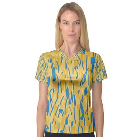 Yellow And Blue Pattern Women s V-neck Sport Mesh Tee by Valentinaart