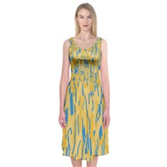 Yellow And Blue Pattern Midi Sleeveless Dress