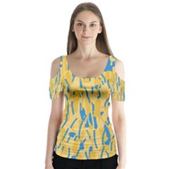 Yellow And Blue Pattern Butterfly Sleeve Cutout Tee 