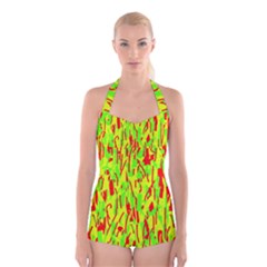 Green And Red Pattern Boyleg Halter Swimsuit 