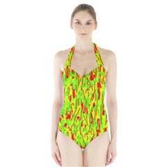 Green And Red Pattern Halter Swimsuit