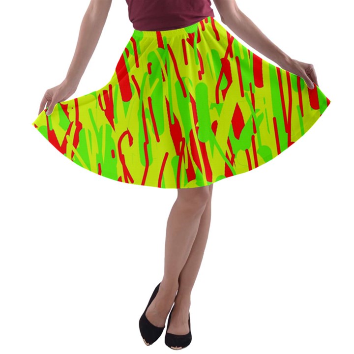 Green and red pattern A-line Skater Skirt